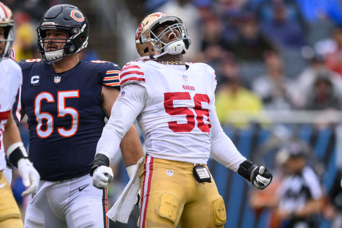 Sep 11, 2022; Chicago, Illinois, USA; San Francisco 49ers defensive end Samson Ebukam (56) celebrates his sack in the first quarter against the Chicago Bears at Soldier Field. Mandatory Credit: Daniel Bartel-USA TODAY Sports